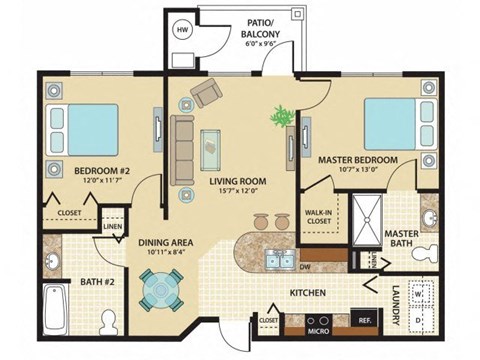 Floor plan for 2 beds, 2 baths, 1012 sqft